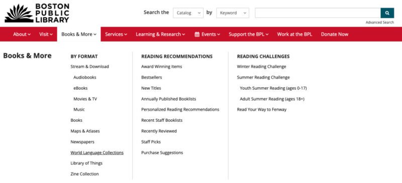 BPLサイトのメニュー「Books & More」→「World Language Collection」