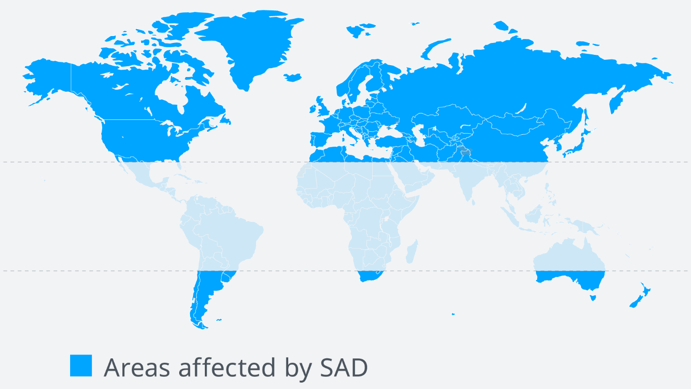 SAD（季節性情動障害）と緯度の関係を示した世界地図