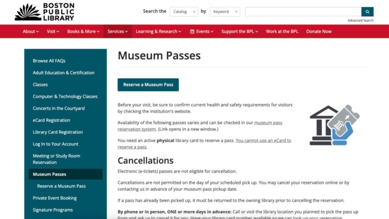 ボストン公共図書館の「ミュージアムパス」のトップページ