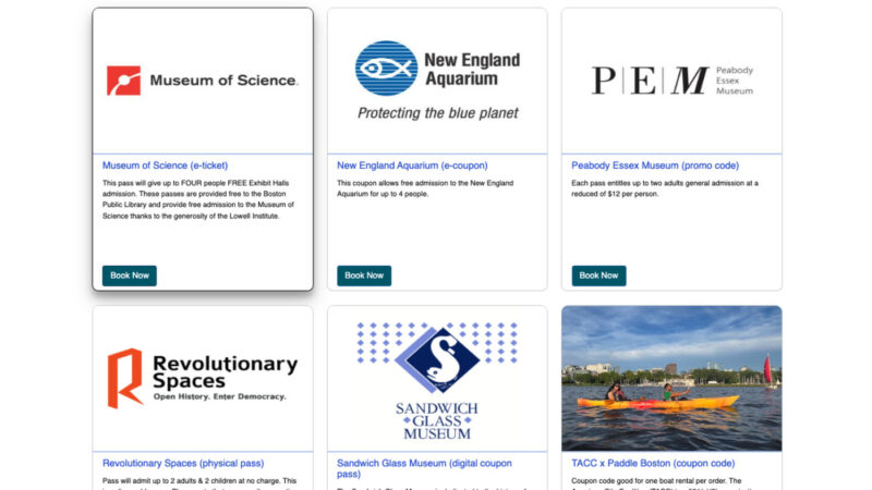ボストン公共図書館のミュージアム・パス一覧画面（施設ごとに条件が異なる）