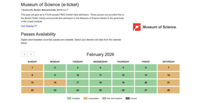 ボストン公共図書館の「ミュージアムパス」の予約カレンダー