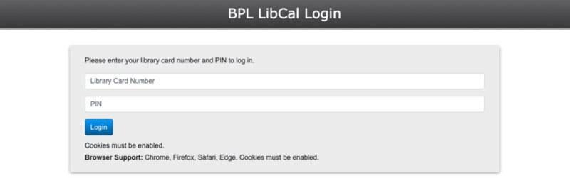 ボストン公共図書館の「ミュージアムパス」のログインページ