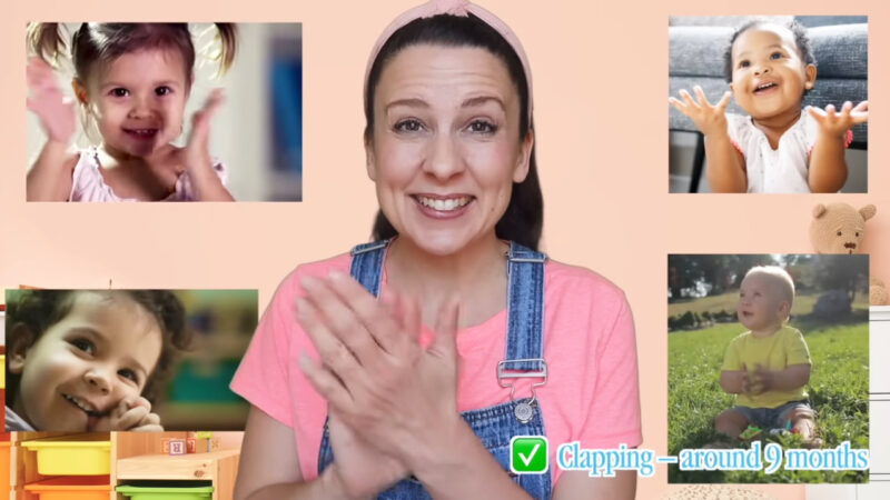 乳幼児向けの動画で、拍手などの動作を親子で学ぶ場面のスクリーンショット